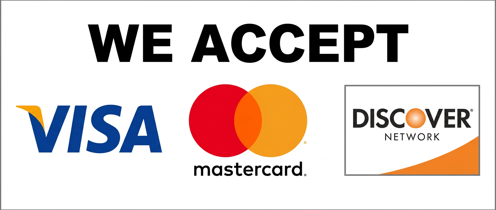 We accept Visa, Mastercard and Discover