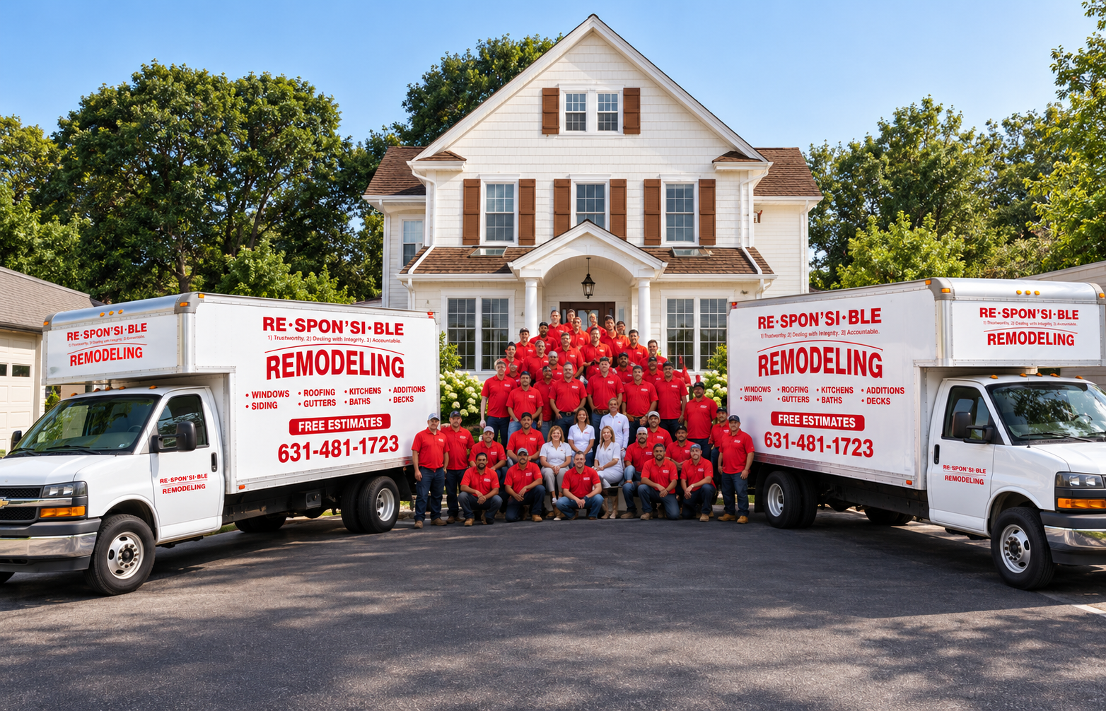 Responsible Remodeling crew replacing a roof with the company truck parked out front